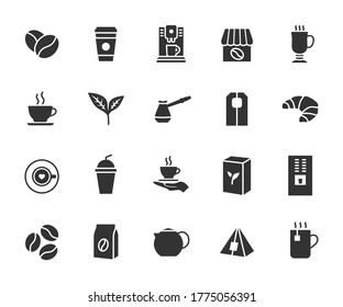 Vector set of coffee and tea flat icons. Contains icons coffee beans, cup, teapot, vending machine, tea bag, packaging, coffee machine and more. Pixel perfect.