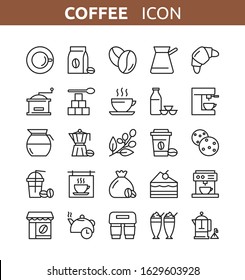 Vector set of coffee and tea line icons for menu, web, coffeeshop. Outline icons collection of cup, cocktail, pot, press,  coffee maker machine, bean, cake. Latte espresso and cappuccino coffee cups