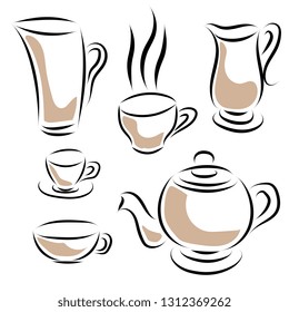 Vector set of coffee or tea set. Painted Coffee Dishes. Kitchen Utensil Silhouette
