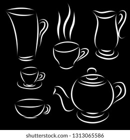 Vector set of coffee or tea set. Painted Coffee Dishes. Kitchen Utensil Silhouette