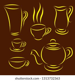 Vector set of coffee or tea set. Painted Coffee Dishes. Kitchen Utensil Silhouette