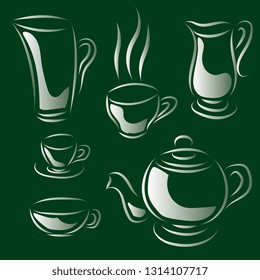 Vector set of coffee or tea set. Painted Coffee Dishes. Kitchen Utensil Silhouette
