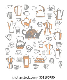 Vector set of coffee and tea. Coffee related silhouette symbols. Cups, teapots, coffee pots. Hand drawn element design. Menu collection.