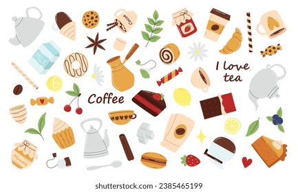 Vector set of coffee, tea and sweets isolated on white background