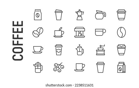 Vector set of coffee thin line icons. Design of 20 stroke pictograms. Signs of coffee isolated on a white background.