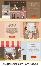 Vector set of coffee time horizontal banners. Quality service, Coffee for every taste and Coffee house flat style design elements for business advertising.