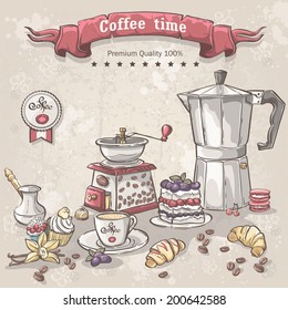 Vector set of coffee with the Turks, cup, pot and a variety of sweets