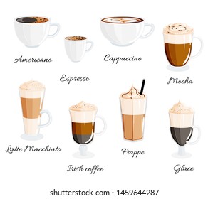 Vector set of coffee types glasses (americano, frappe, espresso, cappuccino, glace, irish, macchiato, latte, mocha). Coffee menu illustration, poster