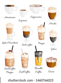 Vector set of coffee types in glasses (americano, frappe, espresso, cappuccino, glace, irish, macchiato, mocha, bumble, cocoa, iced). Coffee menu illustration and poster