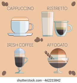 Vector set of coffee types icons on light orange background: Cappuccino, ristretto, irish coffee, affogato.