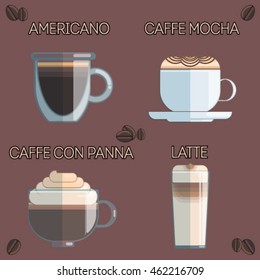 Vector set of coffee types icons on brown background: Americano, mocha, caffe con panna, latte.