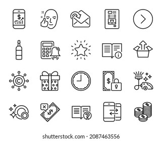 Vector set of Coffee vending, Healthy face and Rank star line icons set. Help, Mobile finance and Gift box icons. Time, Send box and Clean dishes signs. Coffee vending web symbol. Vector