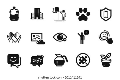Juego de vectores de los iconos del frasco Coffeepot, Leadership y Cooler simple conjunto. Smile face, Photo Cloud e iconos de protección de Smartphone. No hay rompecabezas, no te gusta y el Smartphone sostiene carteles. Vector