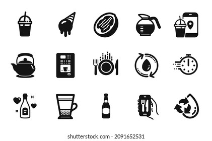 Vector set of Coffeepot, Refill water and Ice cream icons simple set. Love champagne, Food and Food app icons. Cooking timer, Teapot and Coffee cocktail signs. Coffeepot simple web symbol. Vector
