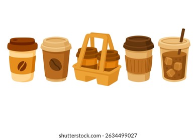 Conjunto vetorial de sobremesas com tema de café, incluindo bolo, biscoitos, cupcake, croissant e camadas de doce.