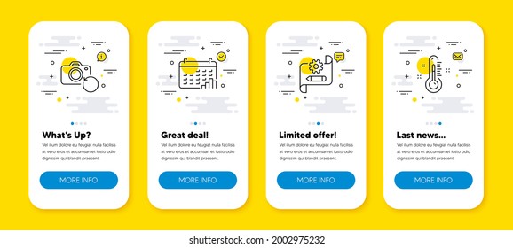 Vector set of Cogwheel blueprint, Calendar graph and Recovery photo line icons set. UI phone app screens with line icons. Thermometer icon. Edit settings, Annual report, Backup data. Vector