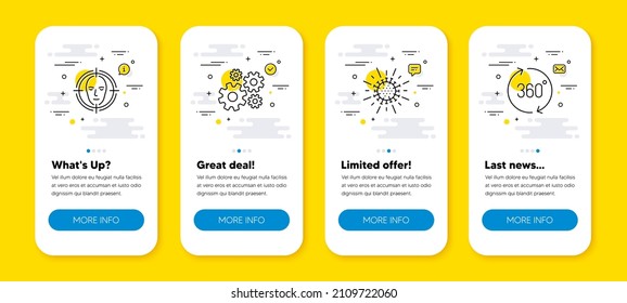 Vector set of Cogwheel, Coronavirus and Face detect line icons set. UI phone app screens with line icons. 360 degrees icon. Engineering tool, Infection, Select target. Full rotation. Vector