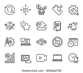 Vector set of Cogwheel dividers, Smartphone waterproof and Alarm sound line icons set. 5g wifi, Sms and Quiz test icons. Alarm bell, Face id and Search file signs. Cogwheel dividers web symbol. Vector