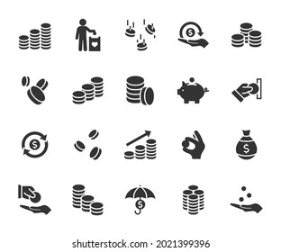 Vector Set Of Coin Flat Icons. Contains Icons Falling Coins, Piggy Bank, Coins Stack, Charity, Cash Back , Donation And More. Pixel Perfect.