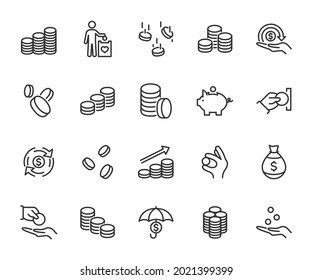 Vector set of coin line icons. Contains icons falling coins, piggy bank, coins stack, charity, cash back , donation and more. Pixel perfect.