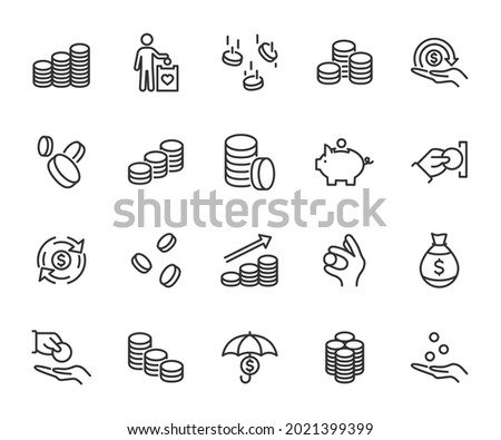 Vector set of coin line icons. Contains icons falling coins, piggy bank, coins stack, charity, cash back , donation and more. Pixel perfect.