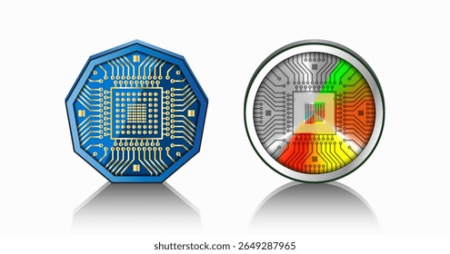 Vector set of coins, cryptocurrency. Crypto coins with computer circuits. Circle and nonagon. Collection of tokens. Microcircuit.