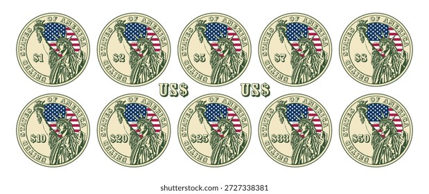 Vektorsatz von Münzen. Stückelungen: 1, 2, 5, 7, 8, 10, 20, 25, 33 und 55 US-Dollar. Gravierte Statue. Nationale Sterne und Streifen Flagge. Freiheit. Sammlung von Spielchips. Amerikanisches Geld
