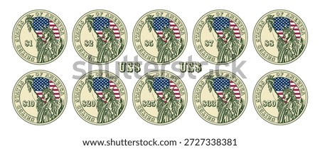 Vector set of coins. Denominations: 1, 2, 5, 7, 8, 10, 20, 25, 33 and 55 US dollars. Engraved statue. National stars and stripes flag. Liberty. Collection of gaming chips. American money