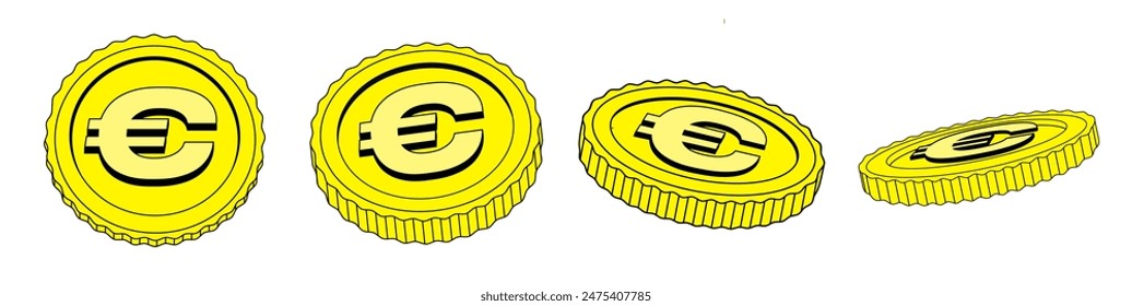 Vector set of Coins in different view in flat style. Illustration Euro of currency. Applicable for gambling games, jackpot, bank, financial illustration or banners. Trendy retro 90s, y2k 00s style