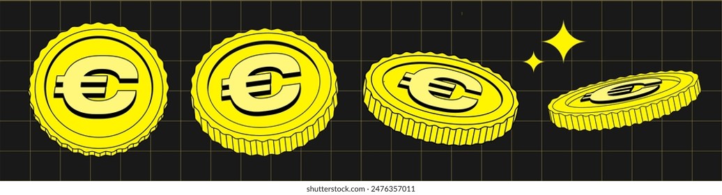 Vector set of Coins in different view in flat style. Illustration 90s of currency in Retro y2k style. Applicable for gambling games, jackpot, bank, financial illustration or banners.