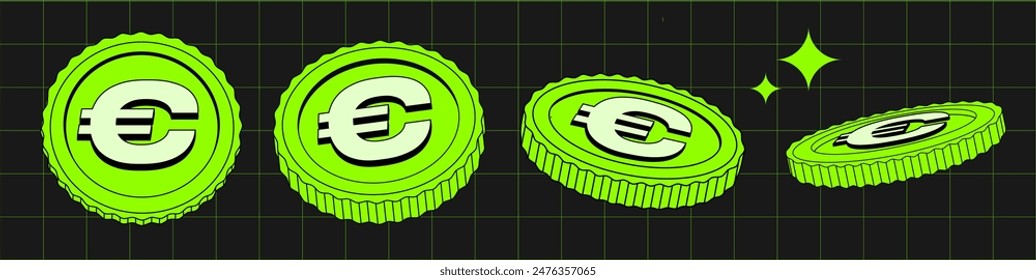 Vector set of Coins in different view in flat style. Illustration 90s of currency in Retro y2k style. Applicable for gambling games, jackpot, bank, financial illustration or banners. Green