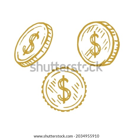 Vector set of coins with dollar sign. Hand-drawn sketches.