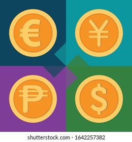 Vector set of Coins on with Multi-color background. euro, dollar, yen, peso coins for your design and website. Flat coins for exchange concept. EPS 10 Vector illustration