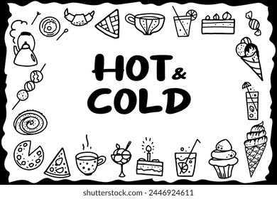 Vector set of cold and hot dishes. Sweets and drinks. Horizontal frame in fun style. Snacks and drinks for winter and summer. Ice cream, juice, pizza, cake, cocktail, tea, muffin, coffee, bagel, roll