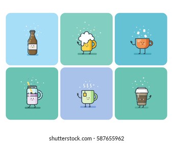 Vector set of cold and hot drinks, beverage flat icons, cute cartoon character