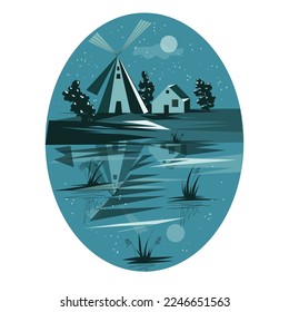 El vector puso agua fría. Naturaleza de la ilustración en la noche. Fondo azul óvalo