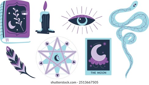 Vektorsatz von coll Cartoon Stil Design Illustration von Tarot mystische Elemente Auge Schlange Buch Feder Kerze Pentagramm cool moderne Zeichnung Skizze Tattoo Set