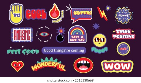 Vector set of coll catoon style design stickers in the style of 60s 70s retro vapor wave heart fire hand flash light funny feel good lgbt positive vibe