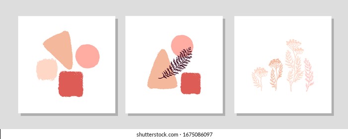 Vector set of collage modern poster with abstract shapes and illustration of plant. Scandinavian Style. For posters, textile print, wrapping paper, greeting card template, social media post