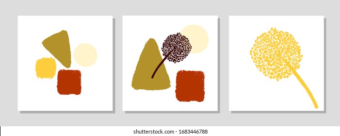 Conjunto vectorial de póster moderno de collage con formas abstractas e ilustración de planta. Estilo escandinavo. Para afiches, papel textil, papel envolvente, plantilla de tarjeta de felicitación, publicación en medios sociales