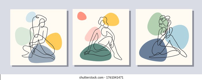 Vector set of collage modern poster with abstract shapes and one line illustrations of women body. For posters, textile print, greeting card template, social media post, banner, invitation, brochure