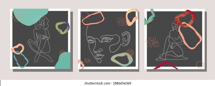 Vector set of collage modern poster with abstract shapes and one line illustrations of women body. For posters, textile print, greeting card template, social media post, banner, invitation, brochure