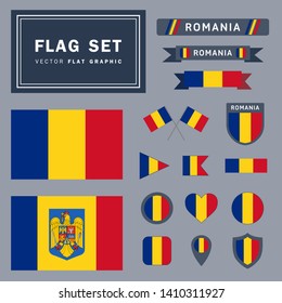 Vector set collection of 16 different Romania flag related illustrations with different shapes for many uses