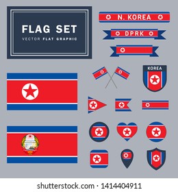 Vector set collection of 16 different North Korea flag related illustrations with different shapes for many uses