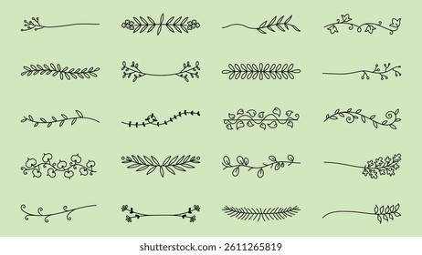 Vector set. A collection of 16 floral dividers with delicate leaves and vines. Floral dividers in black on a light green background. Perfect for decorative designs. Hand drawn ornament vector set.