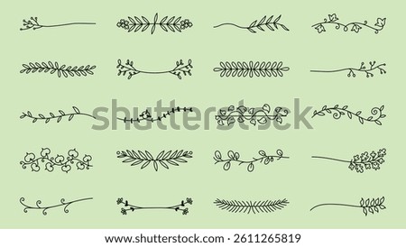 Vector set. A collection of 16 floral dividers with delicate leaves and vines. Floral dividers in black on a light green background. Perfect for decorative designs. Hand drawn ornament vector set.