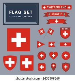 Vector set collection of 17 different Switzerland flag related illustrations with different shapes for many uses