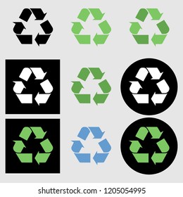 Vector set collection of 9 different recycling symbol buttons and icons isolated on white background