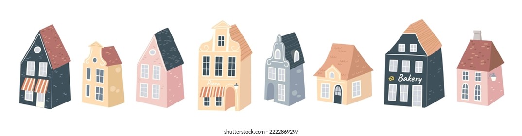 Vector set, collection of Amsterdam, holland houses, building isolated on white. Netherlands. Dutch. Nederland 