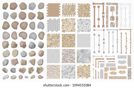 Vector set. Collection of architectural elements. (Top view) Stones, fences, walkways, pavements. (View from above) Collection for landscape design, plan, maps.  